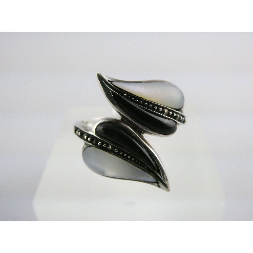Sterling Silver MOP Shell Black Onyx and Marcasite Leaves Bypass Ring Size 8 4g