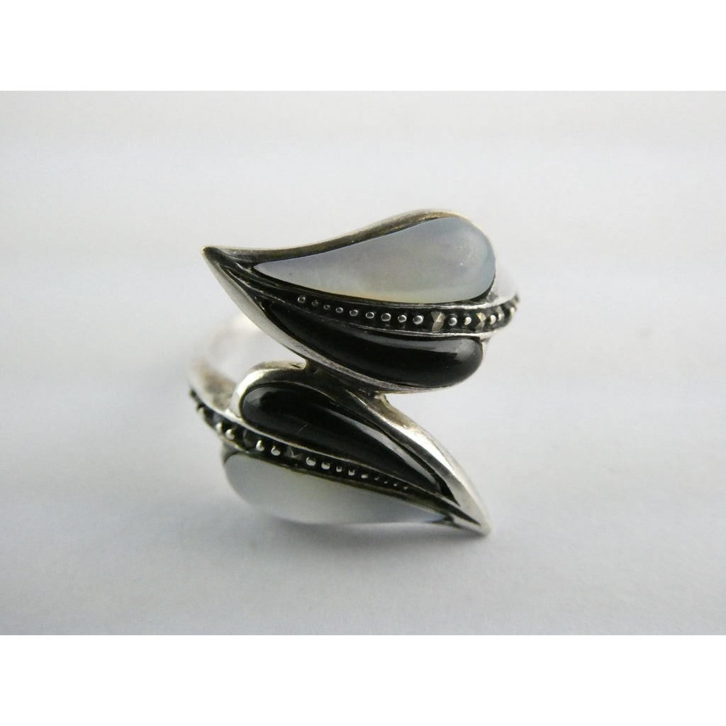 Sterling Silver MOP Shell Black Onyx and Marcasite Leaves Bypass Ring Size 8 4g