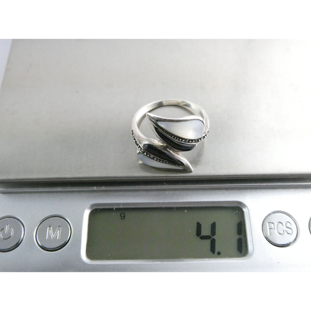 Sterling Silver MOP Shell Black Onyx and Marcasite Leaves Bypass Ring Size 8 4g