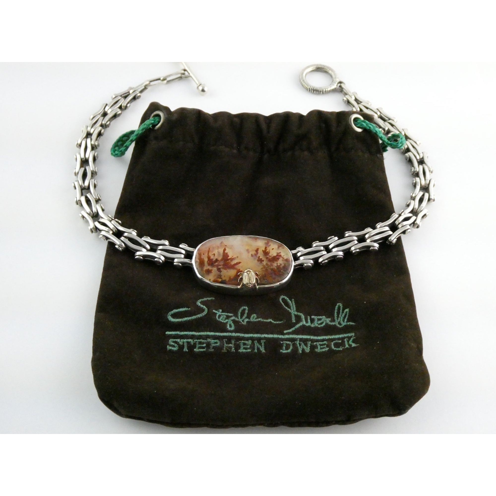 Stephen Dweck Sterling Silver One of a Kind Plume Agate Necklace 16.25 In 104g