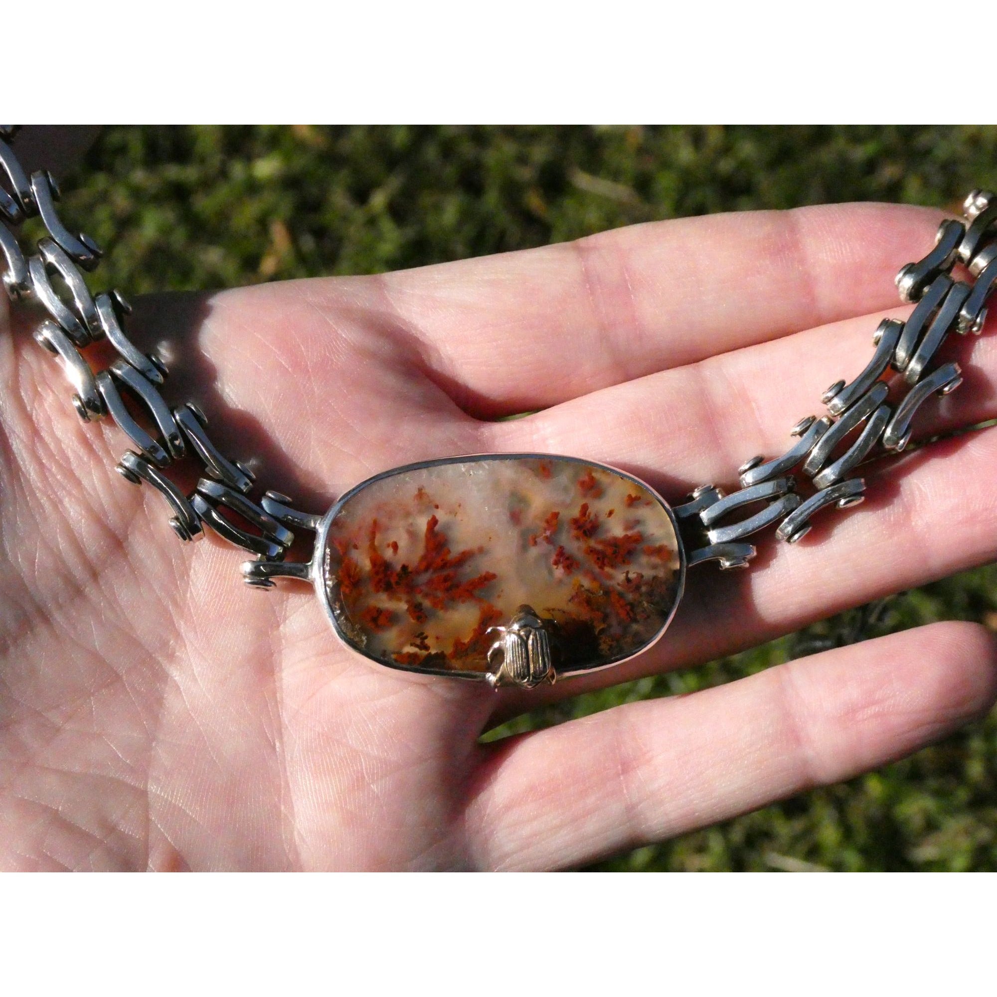 Stephen Dweck Sterling Silver One of a Kind Plume Agate Necklace 16.25 In 104g