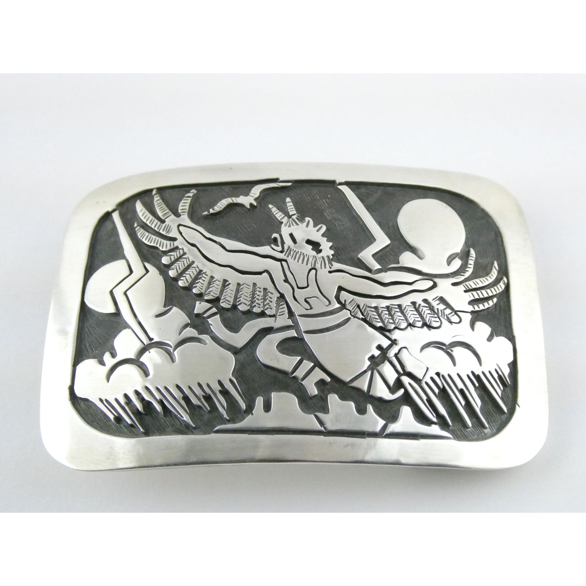 Southwestern Native Signed BJ Sterling Silver Thunder Eagle Dancer Belt Buckle