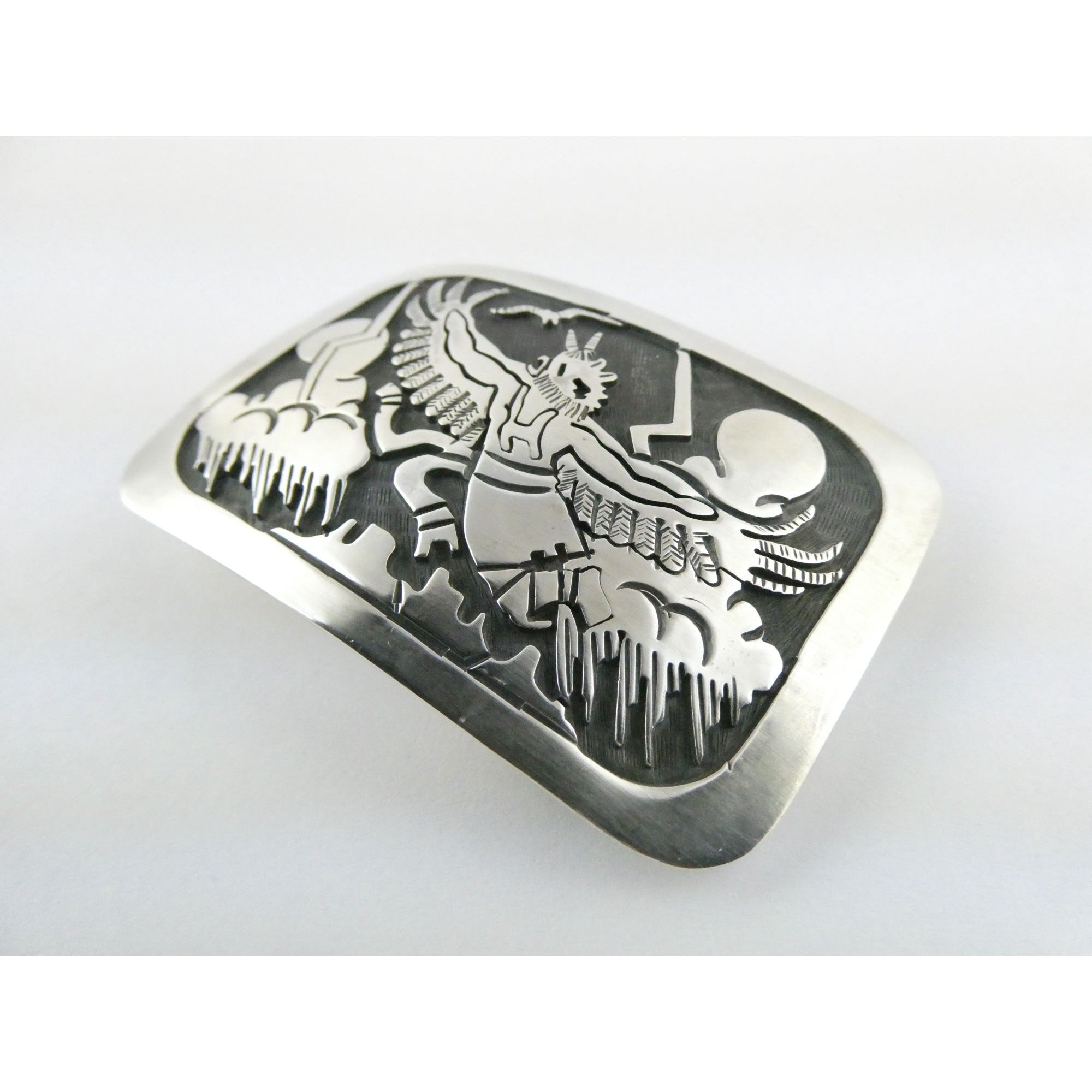 Southwestern Native Signed BJ Sterling Silver Thunder Eagle Dancer Belt Buckle