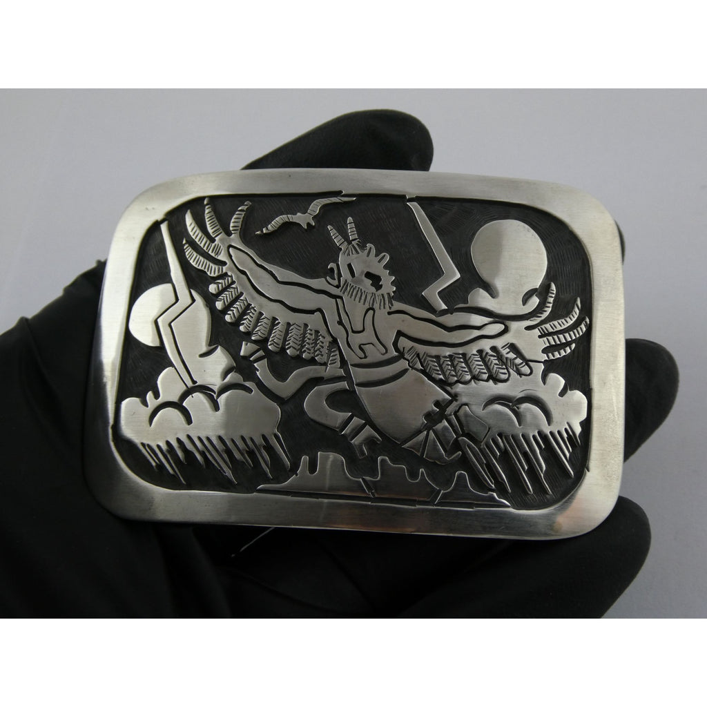 Southwestern Native Signed BJ Sterling Silver Thunder Eagle Dancer Belt Buckle