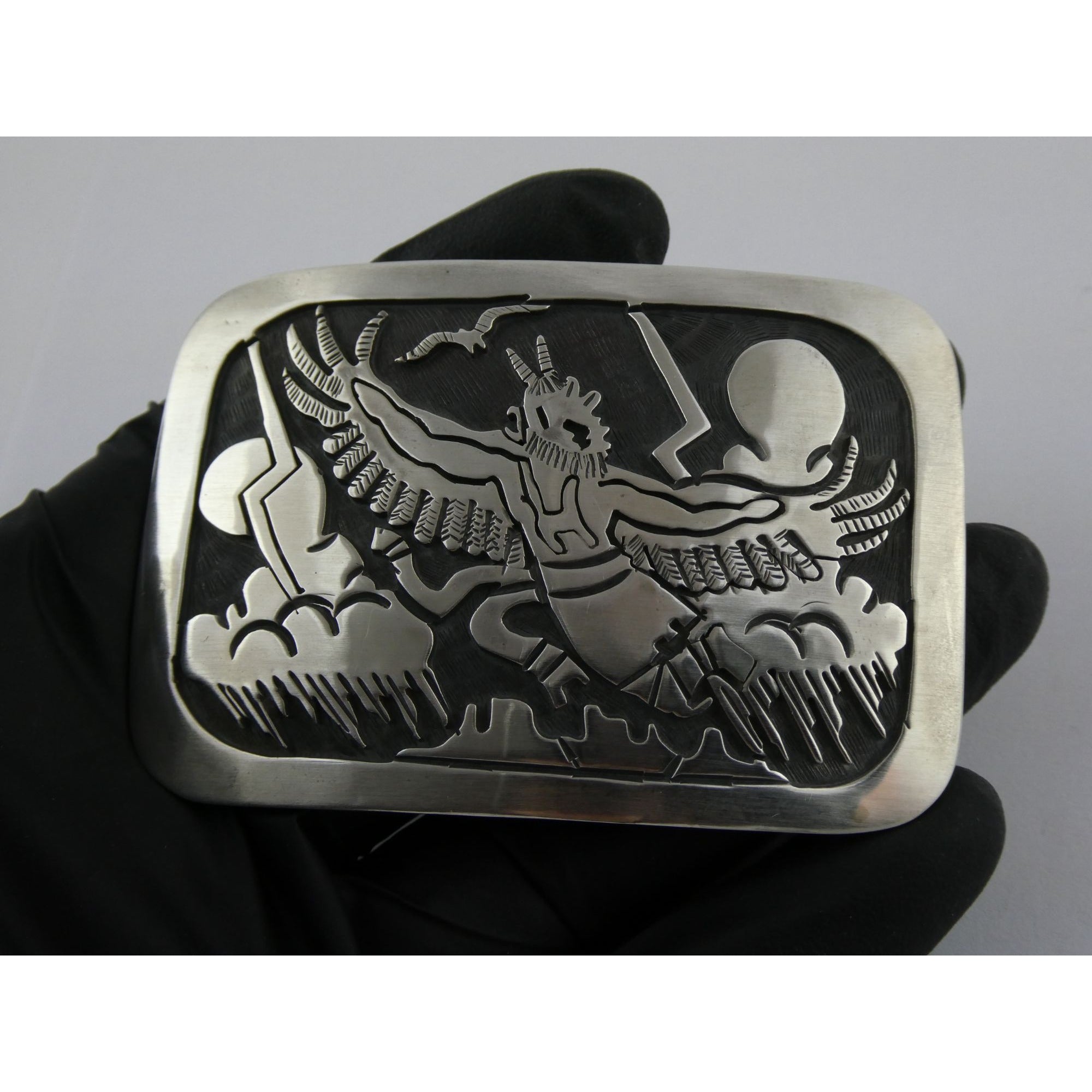 Southwestern Native Signed BJ Sterling Silver Thunder Eagle Dancer Belt Buckle