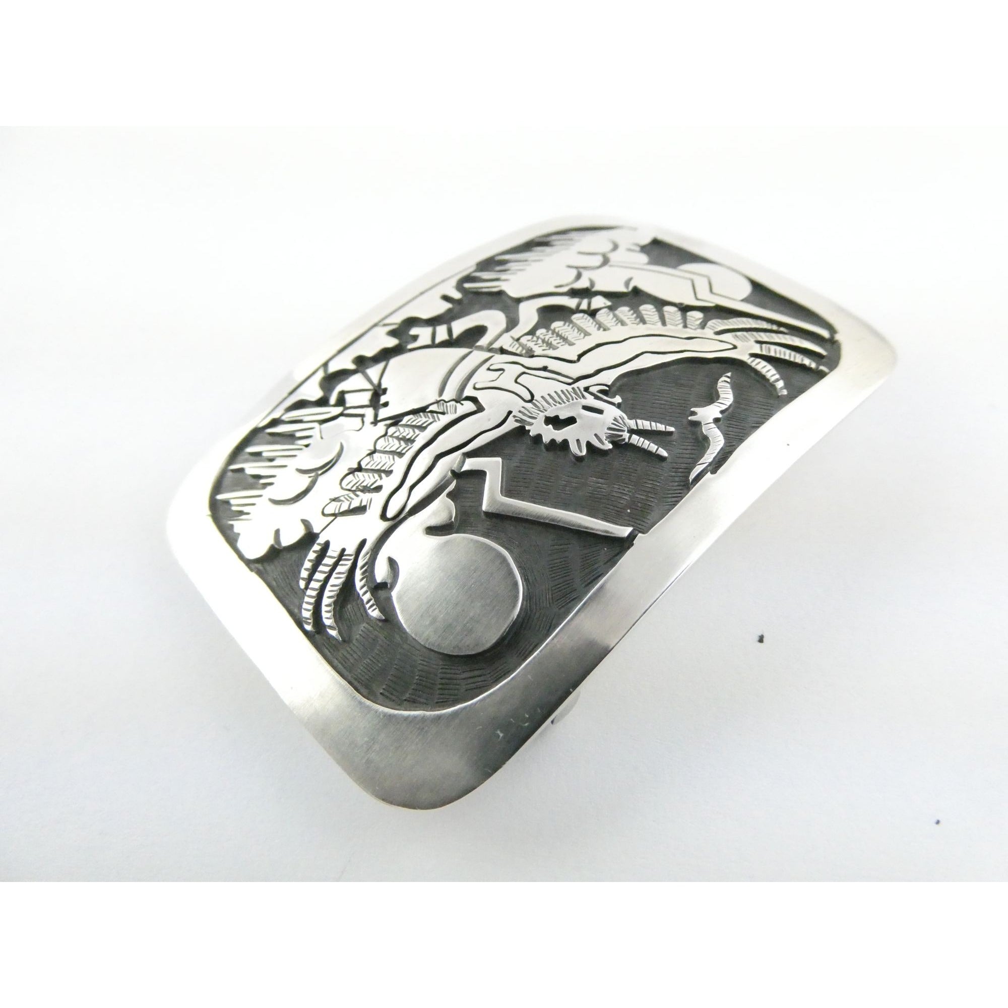 Southwestern Native Signed BJ Sterling Silver Thunder Eagle Dancer Belt Buckle