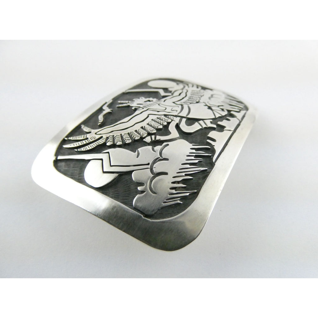 Southwestern Native Signed BJ Sterling Silver Thunder Eagle Dancer Belt Buckle