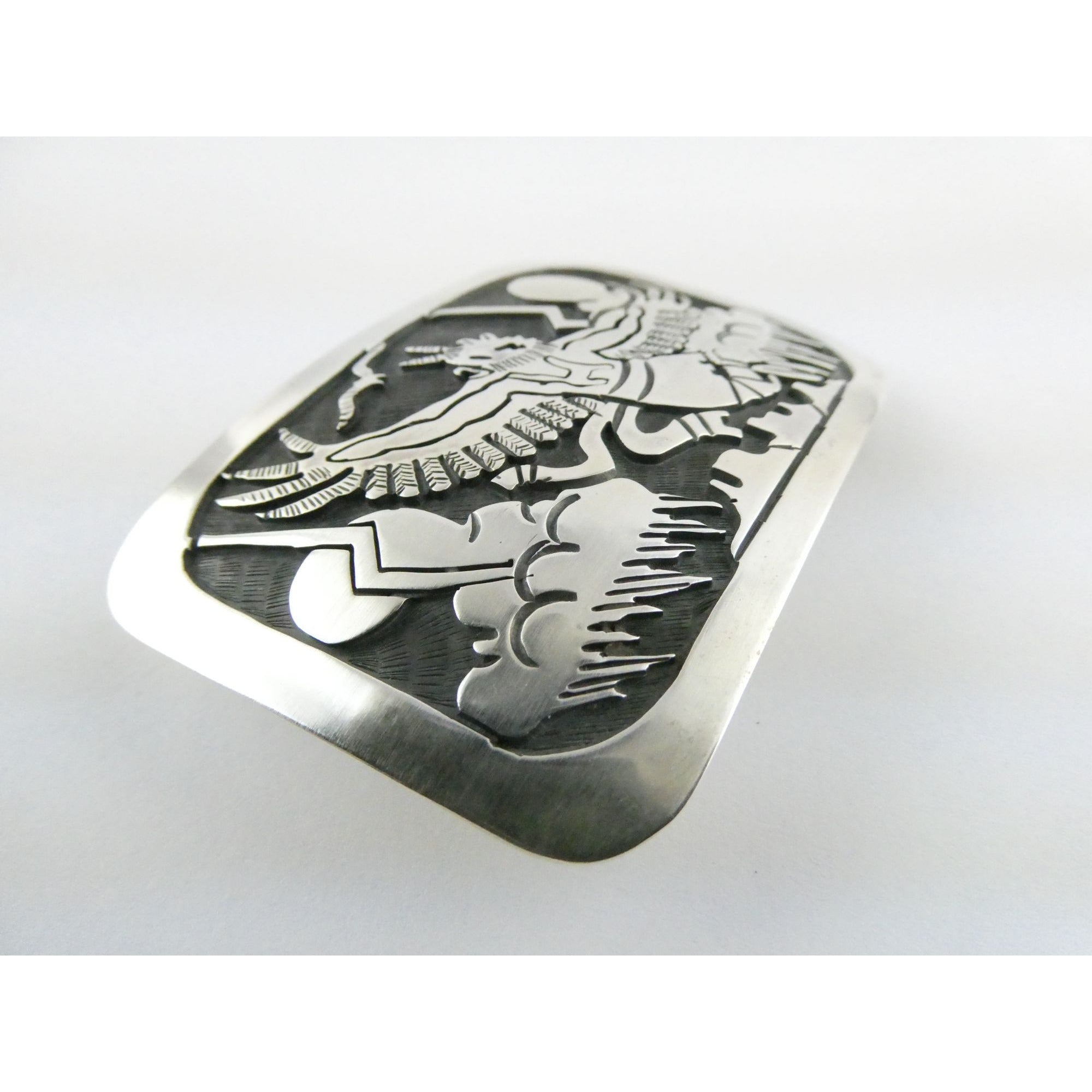 Southwestern Native Signed BJ Sterling Silver Thunder Eagle Dancer Belt Buckle