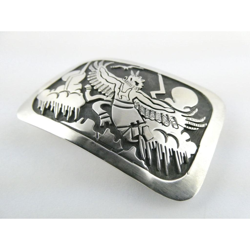 Southwestern Native Signed BJ Sterling Silver Thunder Eagle Dancer Belt Buckle