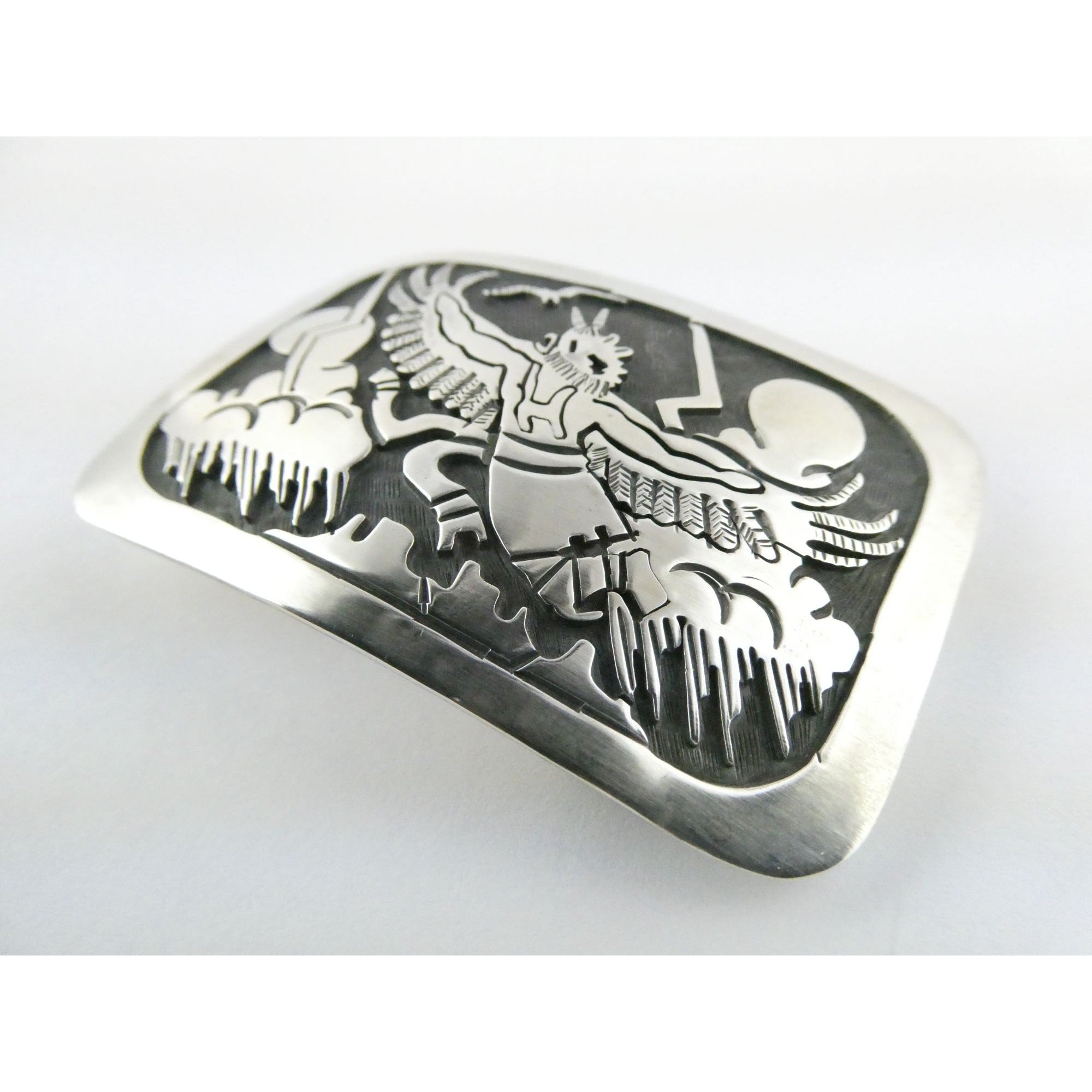 Southwestern Native Signed BJ Sterling Silver Thunder Eagle Dancer Belt Buckle