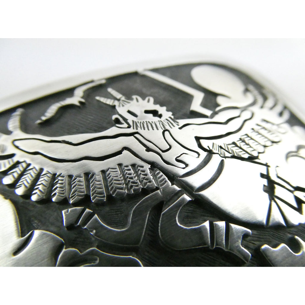 Southwestern Native Signed BJ Sterling Silver Thunder Eagle Dancer Belt Buckle