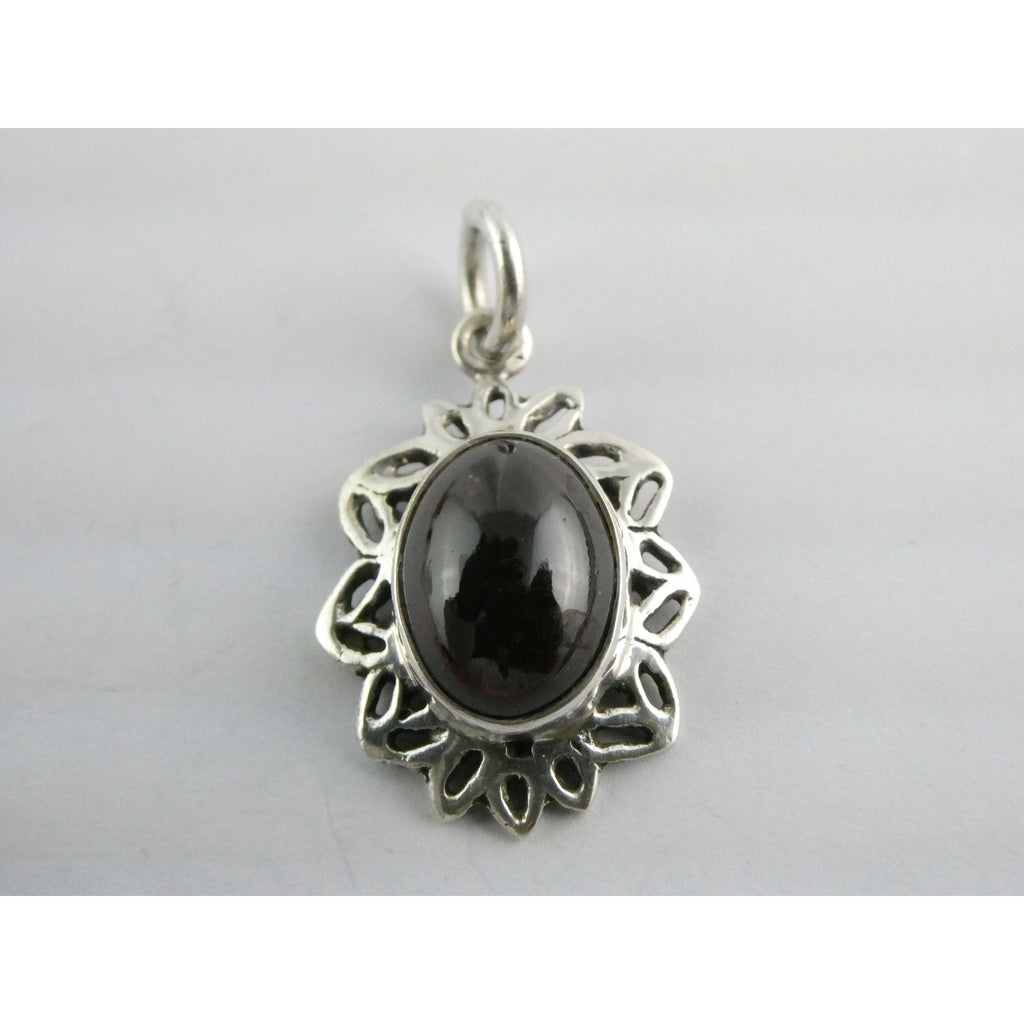 Sterling Silver Red Violet Garnet Cabochon Openwork Setting Pendant 5.4g 1.25 In
