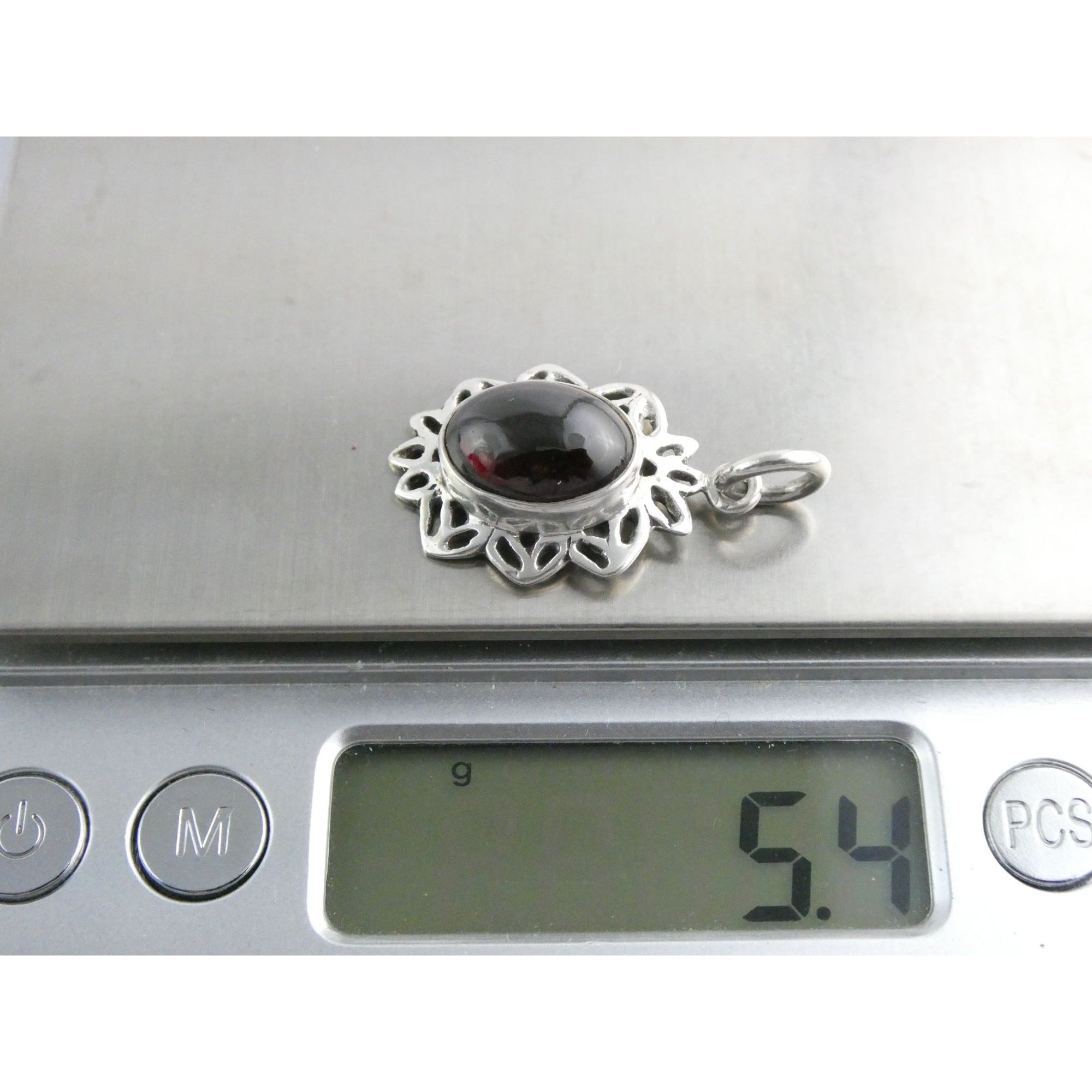 Sterling Silver Red Violet Garnet Cabochon Openwork Setting Pendant 5.4g 1.25 In