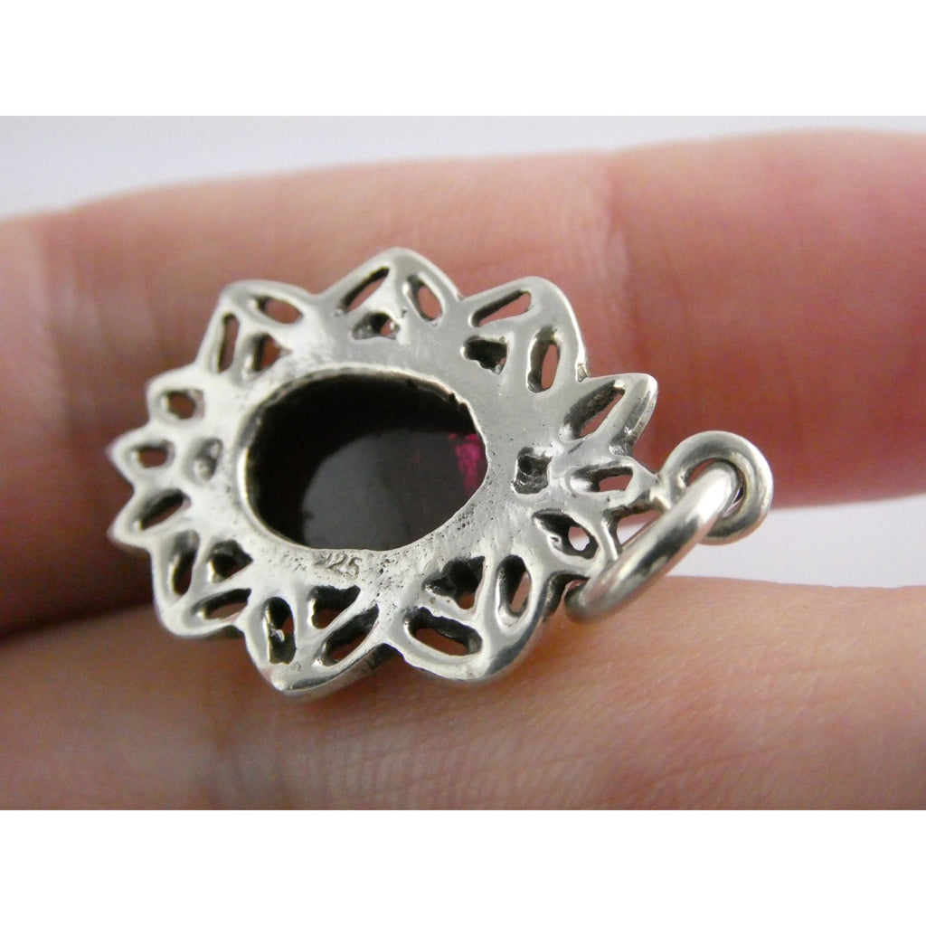 Sterling Silver Red Violet Garnet Cabochon Openwork Setting Pendant 5.4g 1.25 In