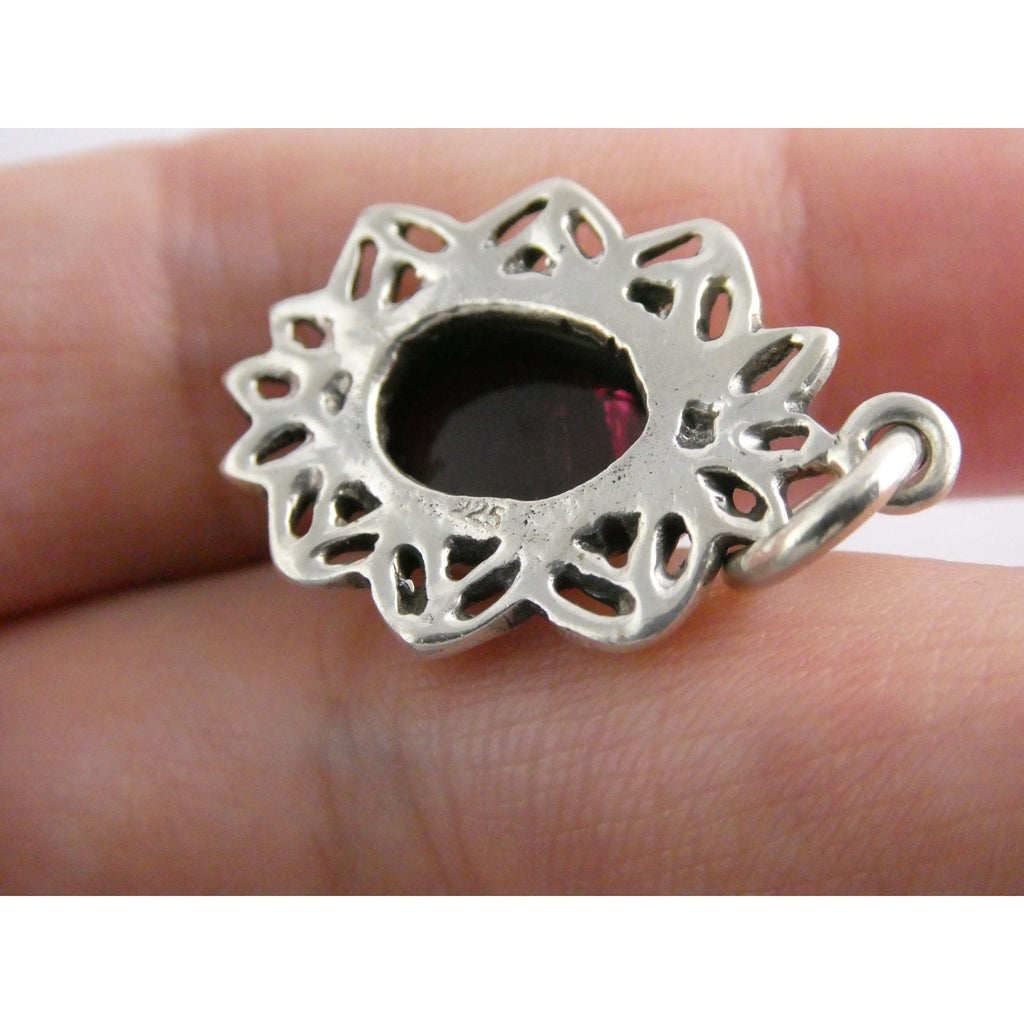 Sterling Silver Red Violet Garnet Cabochon Openwork Setting Pendant 5.4g 1.25 In