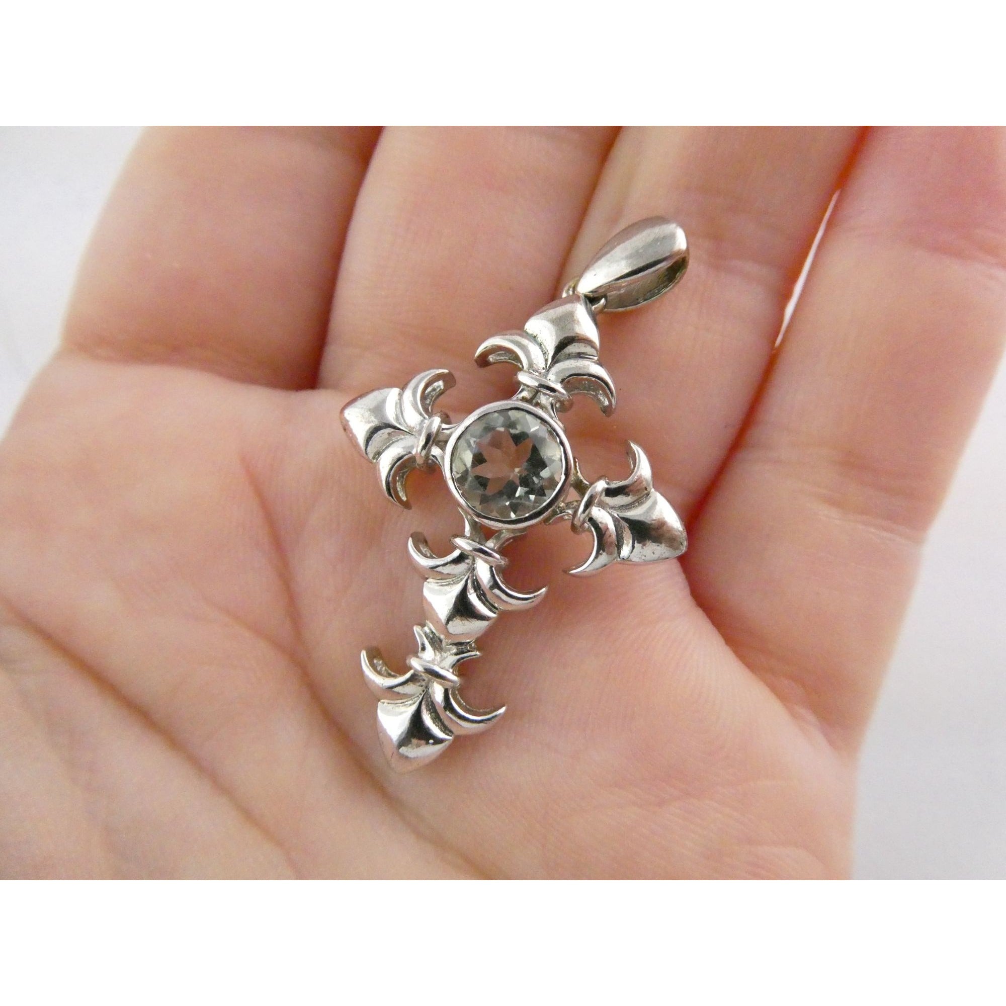 STS Sterling Silver Blue Topaz Ornate Cross Design Pendant 4.3g 41mm Length