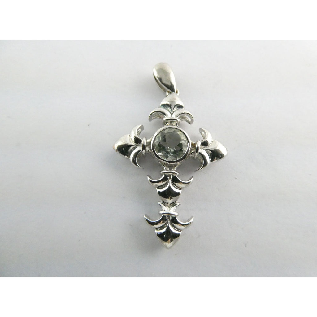 STS Sterling Silver Blue Topaz Ornate Cross Design Pendant 4.3g 41mm Length