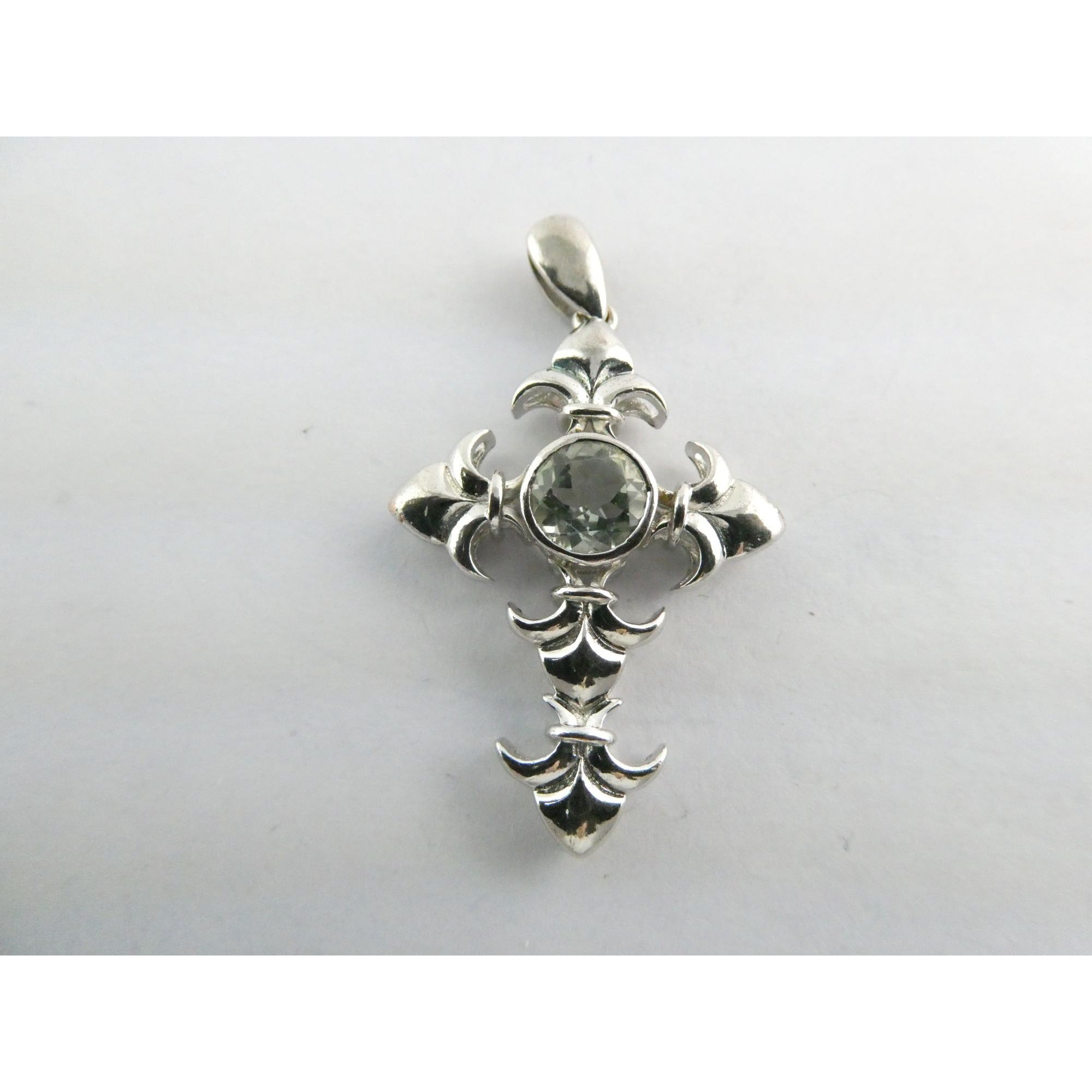 STS Sterling Silver Blue Topaz Ornate Cross Design Pendant 4.3g 41mm Length