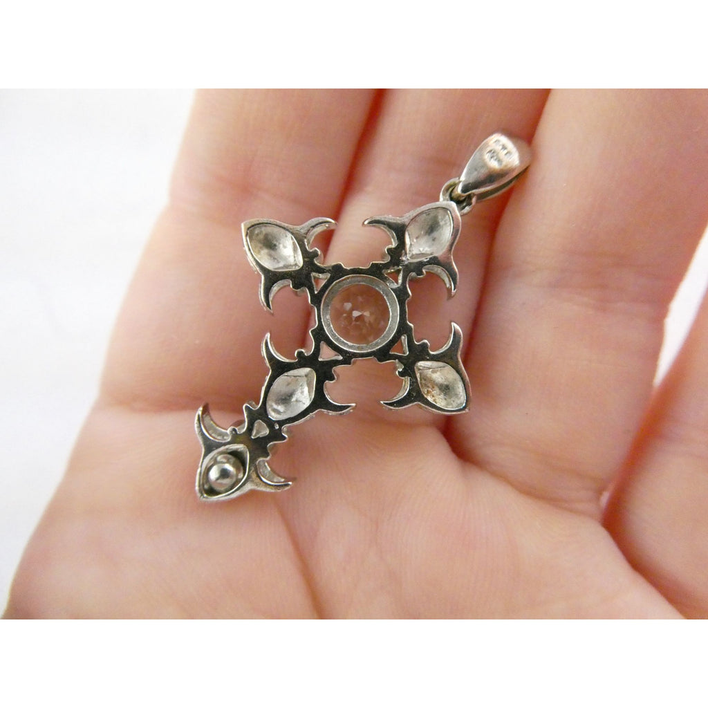 STS Sterling Silver Blue Topaz Ornate Cross Design Pendant 4.3g 41mm Length