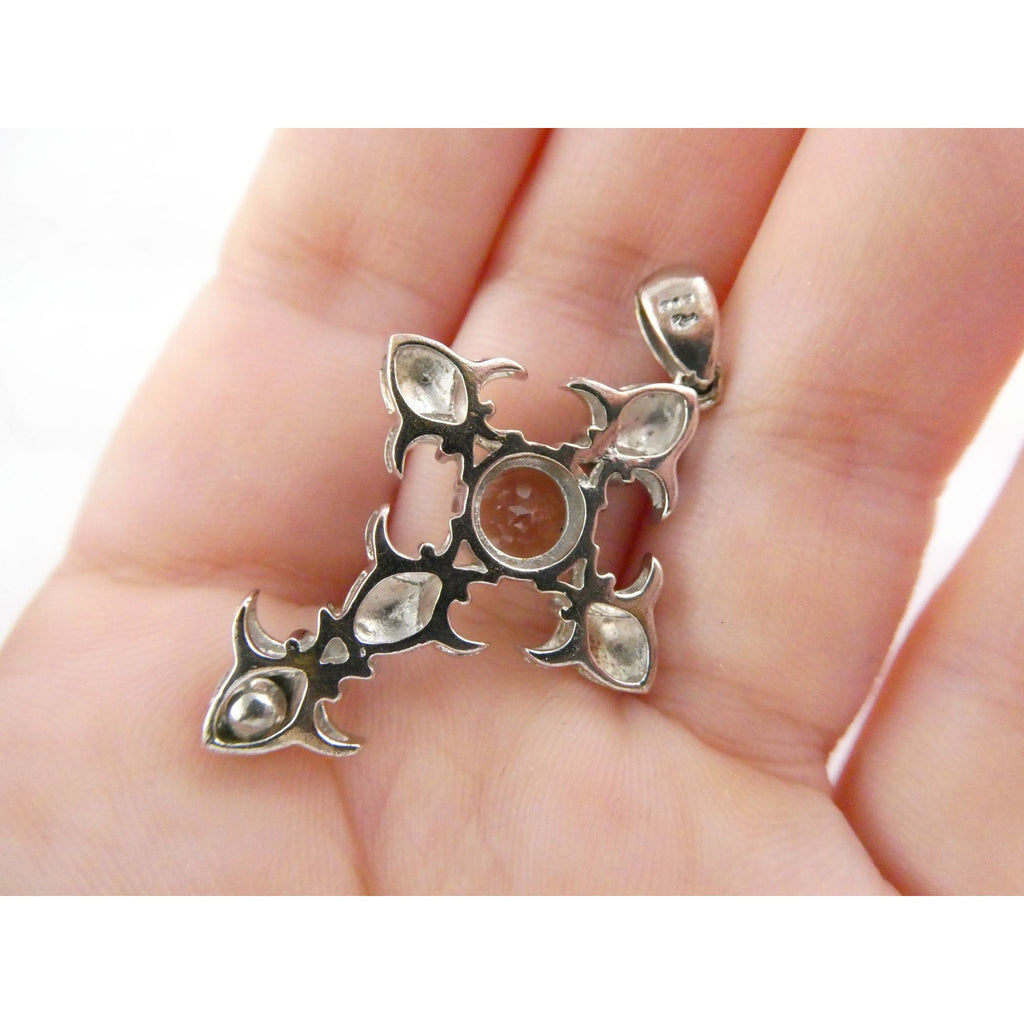 STS Sterling Silver Blue Topaz Ornate Cross Design Pendant 4.3g 41mm Length