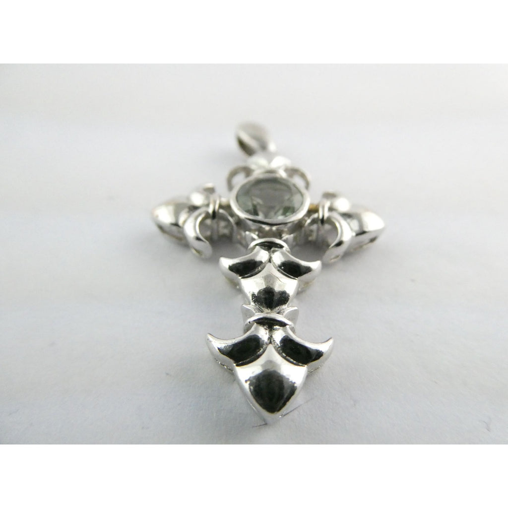 STS Sterling Silver Blue Topaz Ornate Cross Design Pendant 4.3g 41mm Length