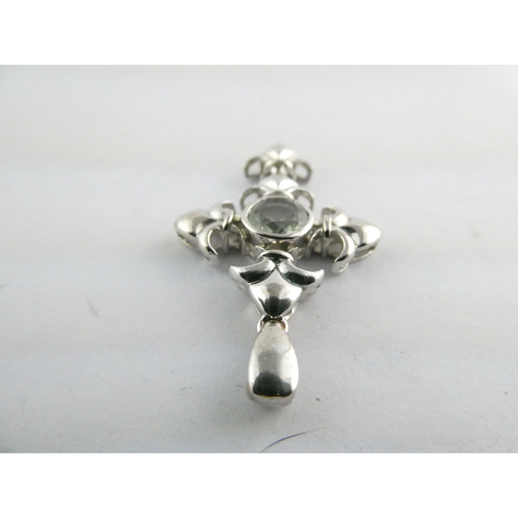 STS Sterling Silver Blue Topaz Ornate Cross Design Pendant 4.3g 41mm Length
