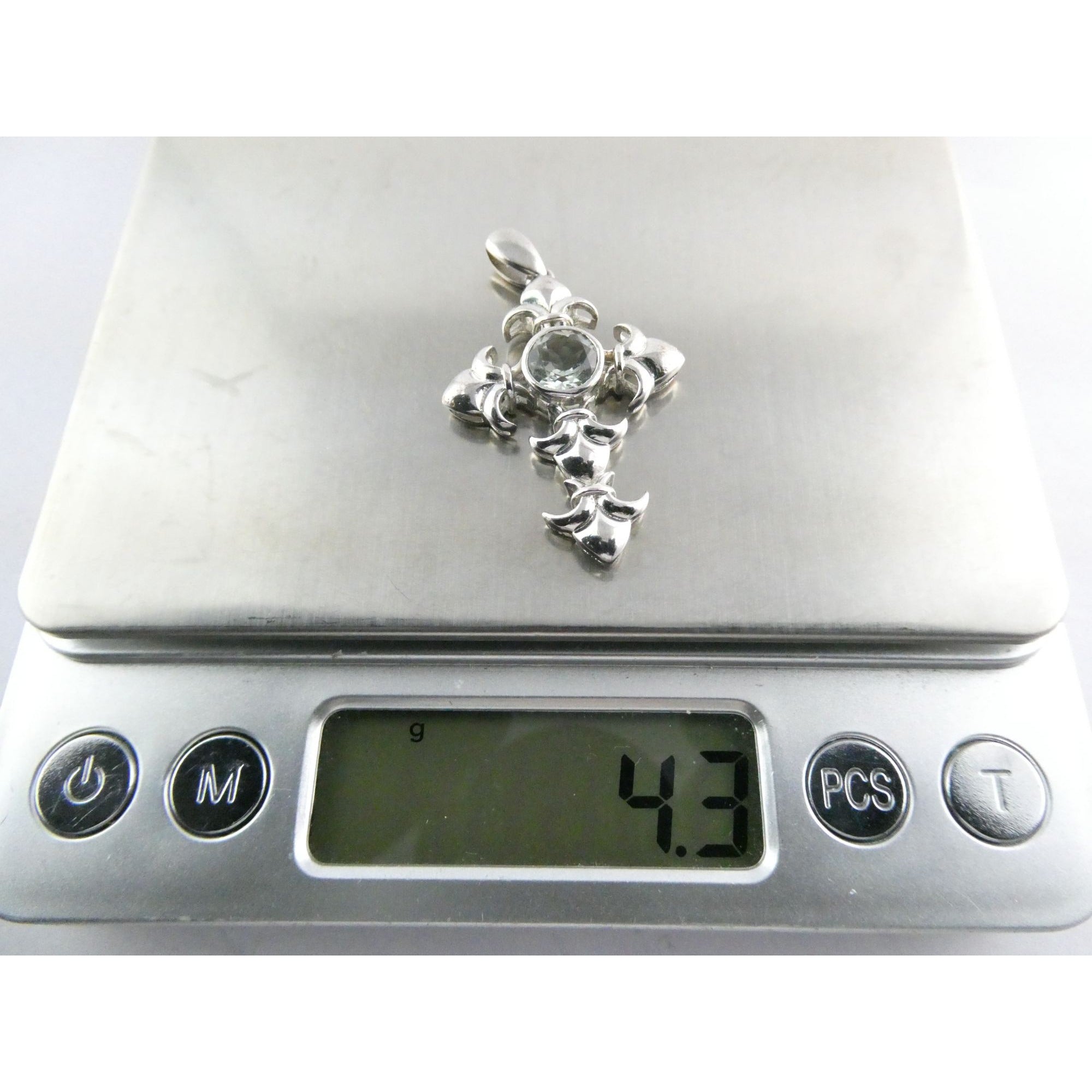 STS Sterling Silver Blue Topaz Ornate Cross Design Pendant 4.3g 41mm Length