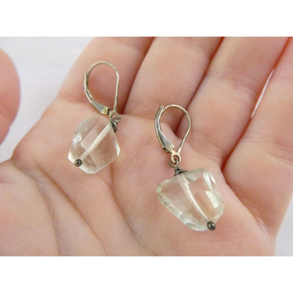 Vintage Sterling Silver Faceted Rock Crystal Quartz Dangling Earrings 4g 32mm
