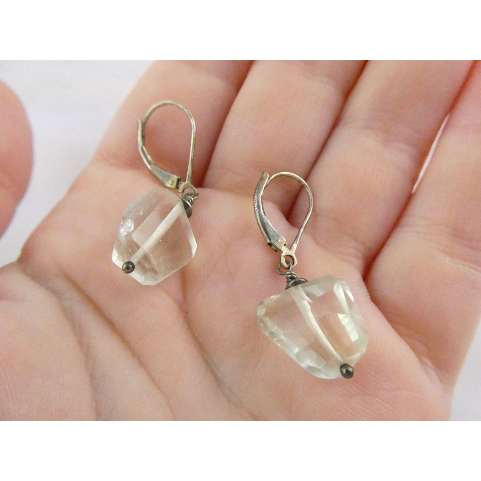 Vintage Sterling Silver Faceted Rock Crystal Quartz Dangling Earrings 4g 32mm