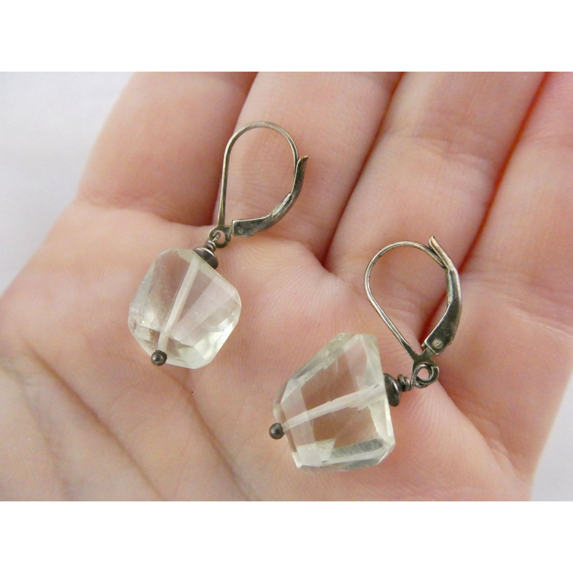 Vintage Sterling Silver Faceted Rock Crystal Quartz Dangling Earrings 4g 32mm