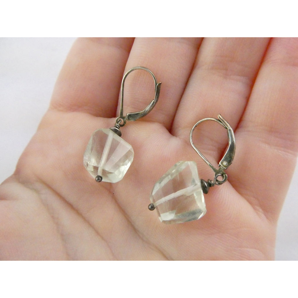 Vintage Sterling Silver Faceted Rock Crystal Quartz Dangling Earrings 4g 32mm