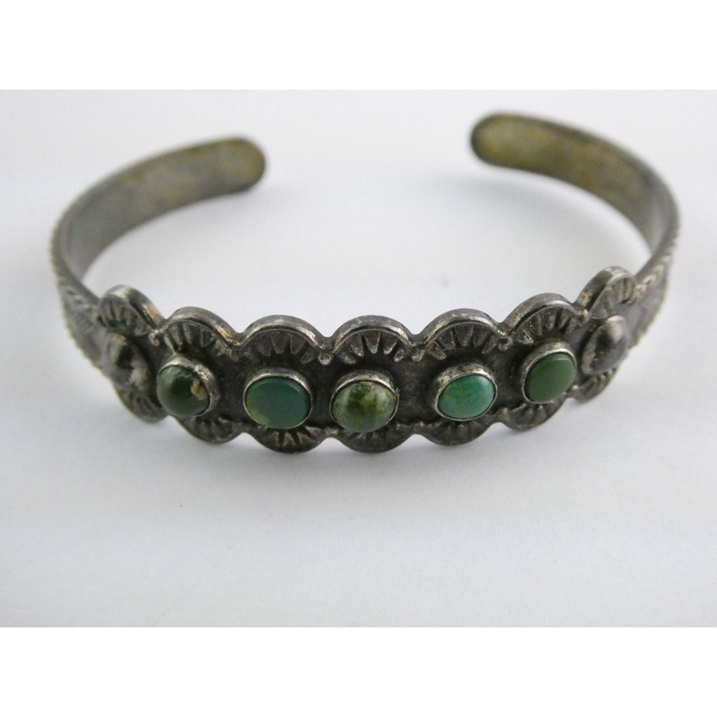 Vintage Southwestern Unmarked Sterling Silver Green Turquoise Cuff Bracelet 6 In