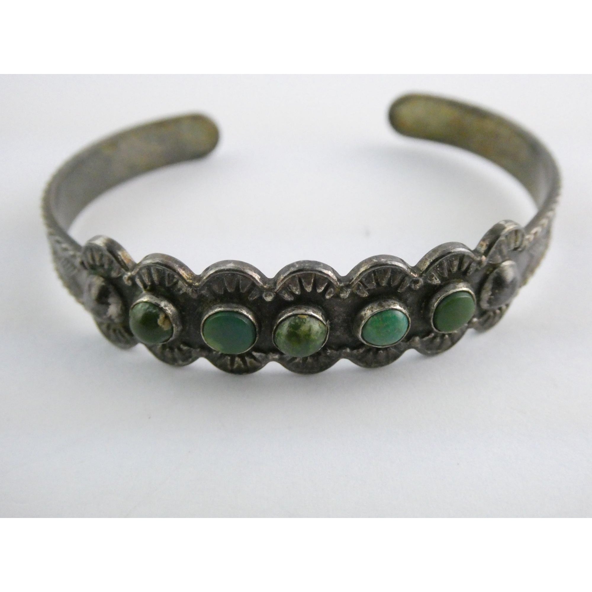 Vintage Southwestern Unmarked Sterling Silver Green Turquoise Cuff Bracelet 6 In