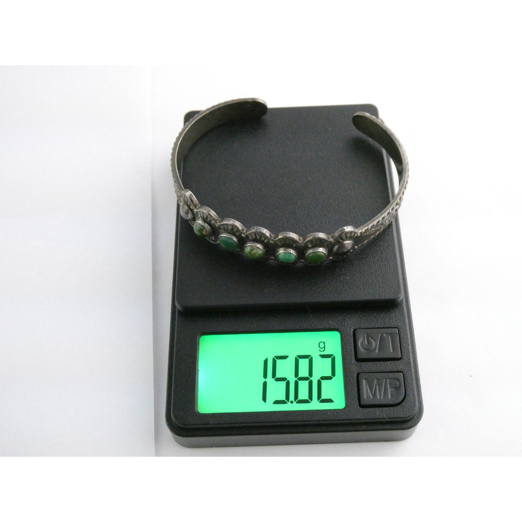 Vintage Southwestern Unmarked Sterling Silver Green Turquoise Cuff Bracelet 6 In