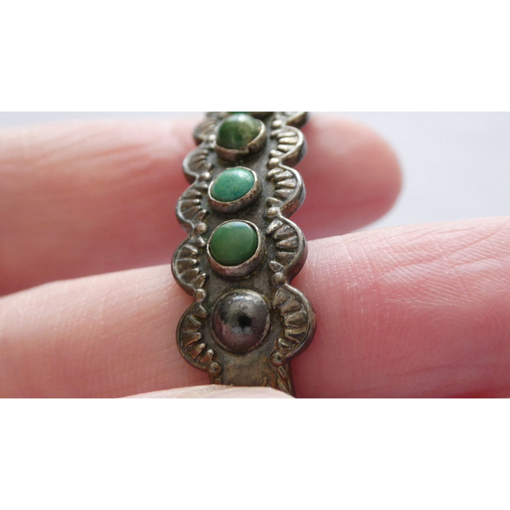 Vintage Southwestern Unmarked Sterling Silver Green Turquoise Cuff Bracelet 6 In