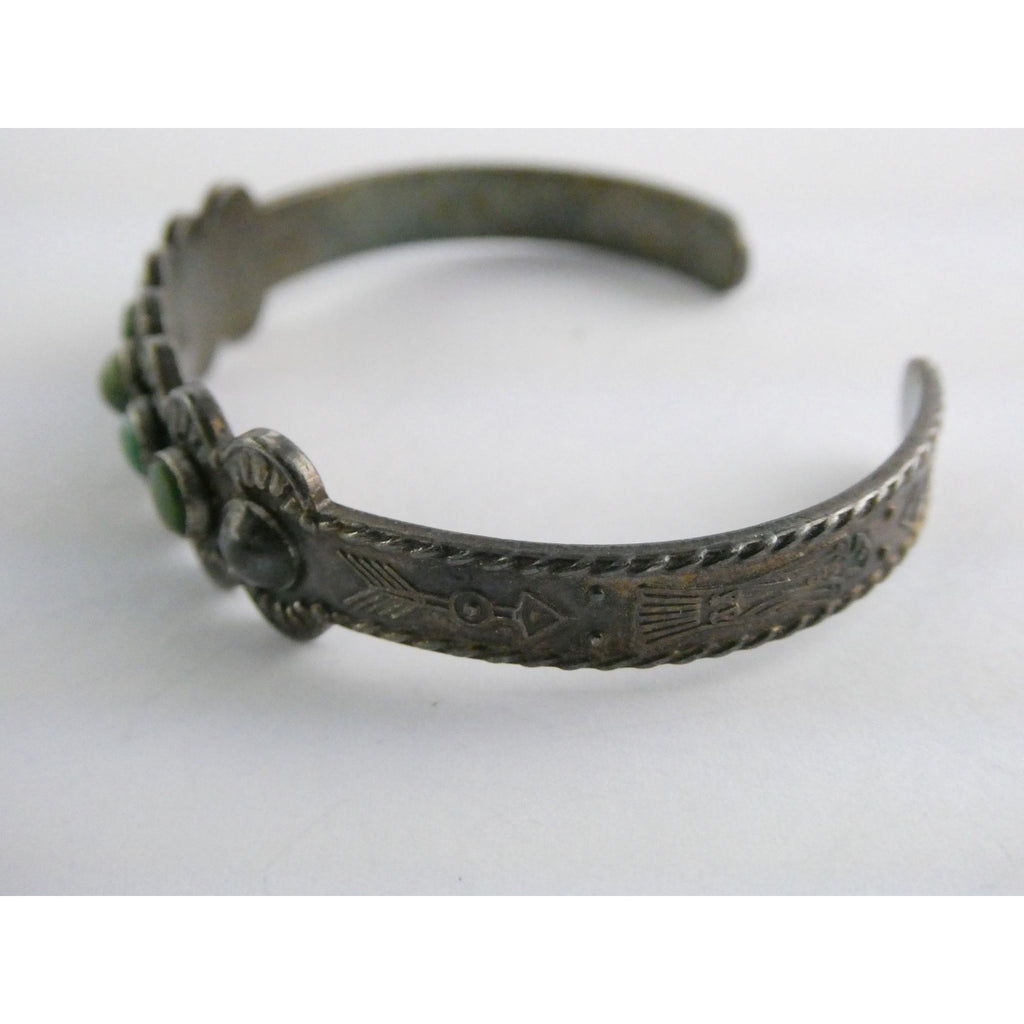 Vintage Southwestern Unmarked Sterling Silver Green Turquoise Cuff Bracelet 6 In