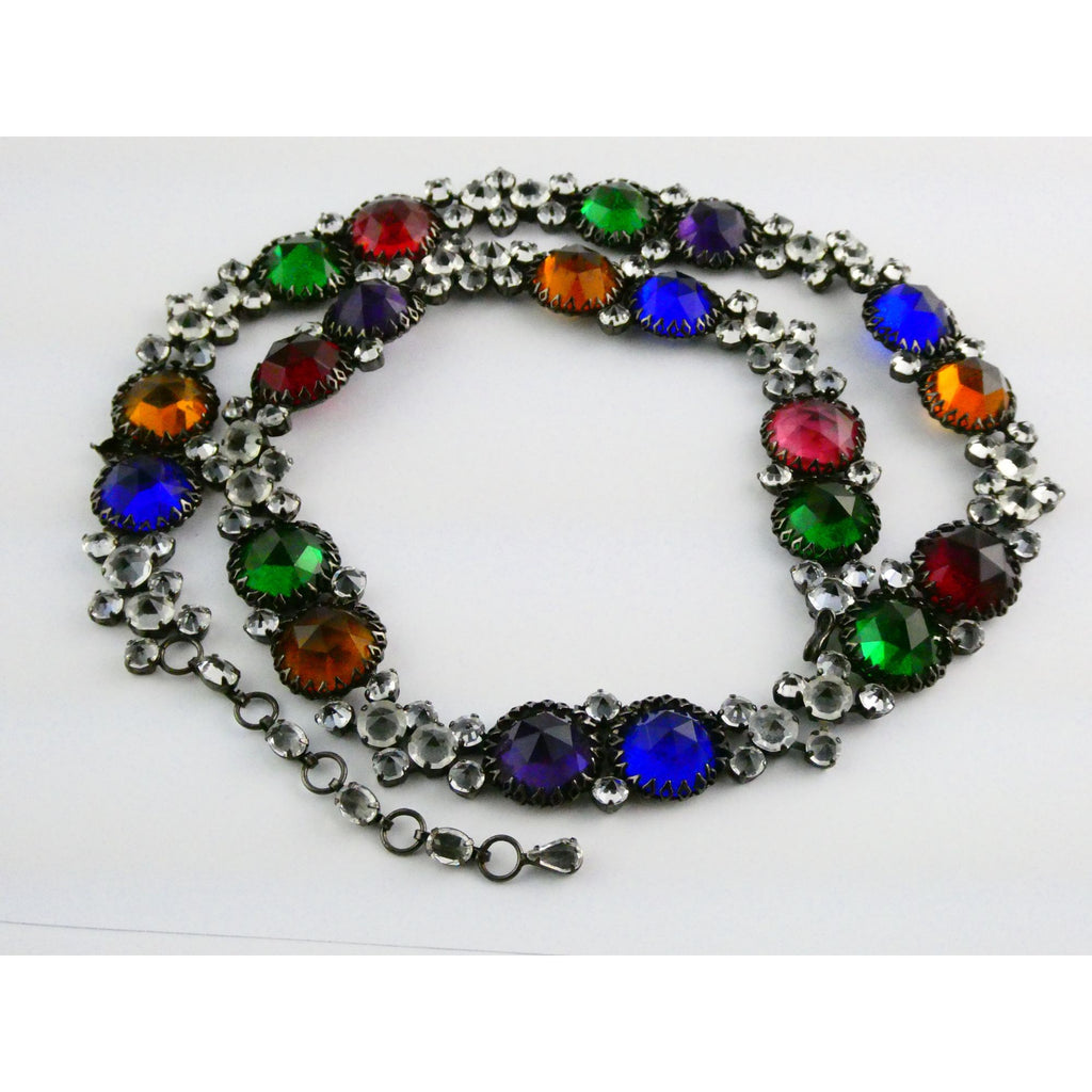 Vintage Schreiner NY Gunmetal Rainbow Rhinestone Adorned Belt 33.5 Inches 171g