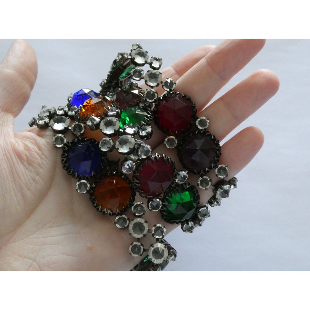 Vintage Schreiner NY Gunmetal Rainbow Rhinestone Adorned Belt 33.5 Inches 171g