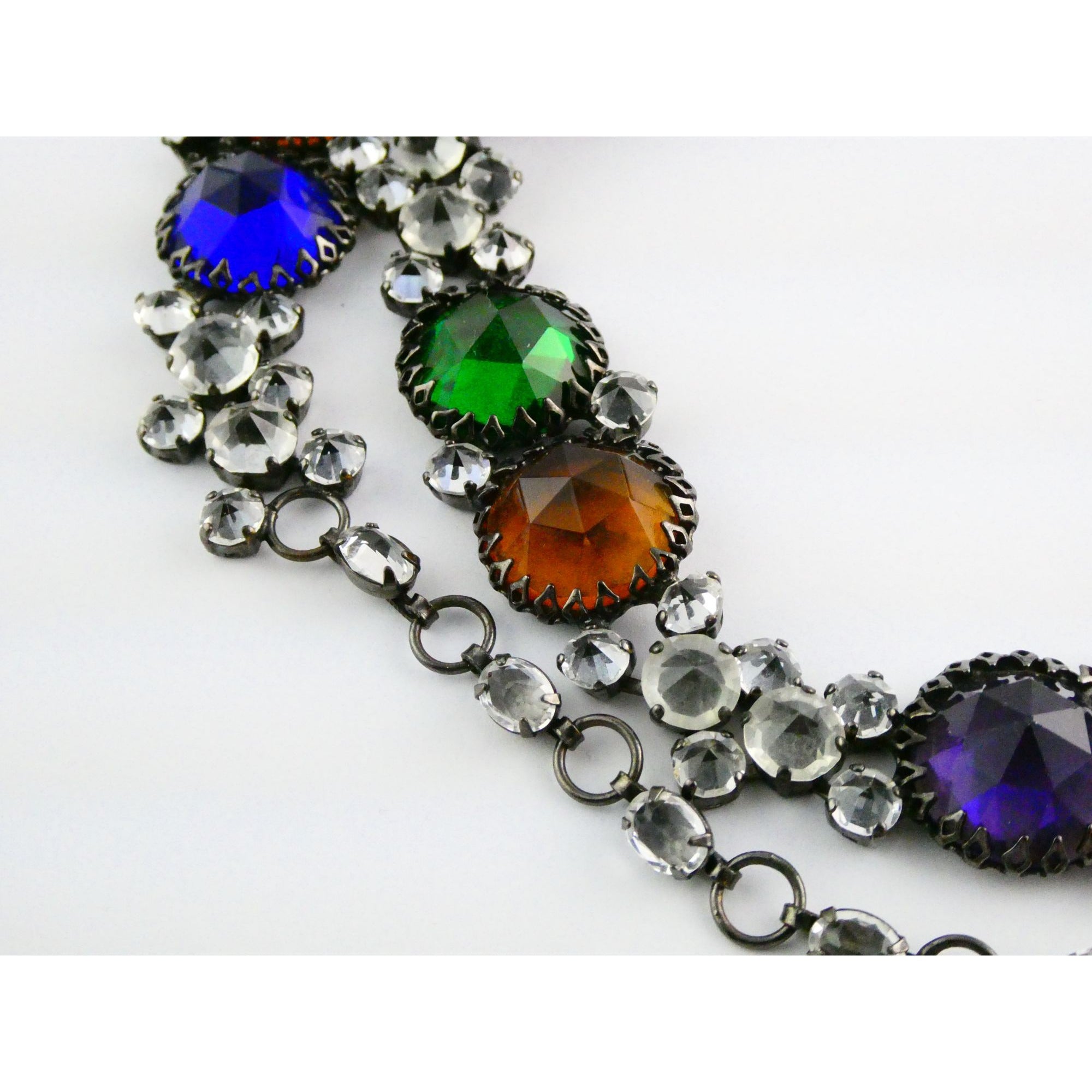 Vintage Schreiner NY Gunmetal Rainbow Rhinestone Adorned Belt 33.5 Inches 171g