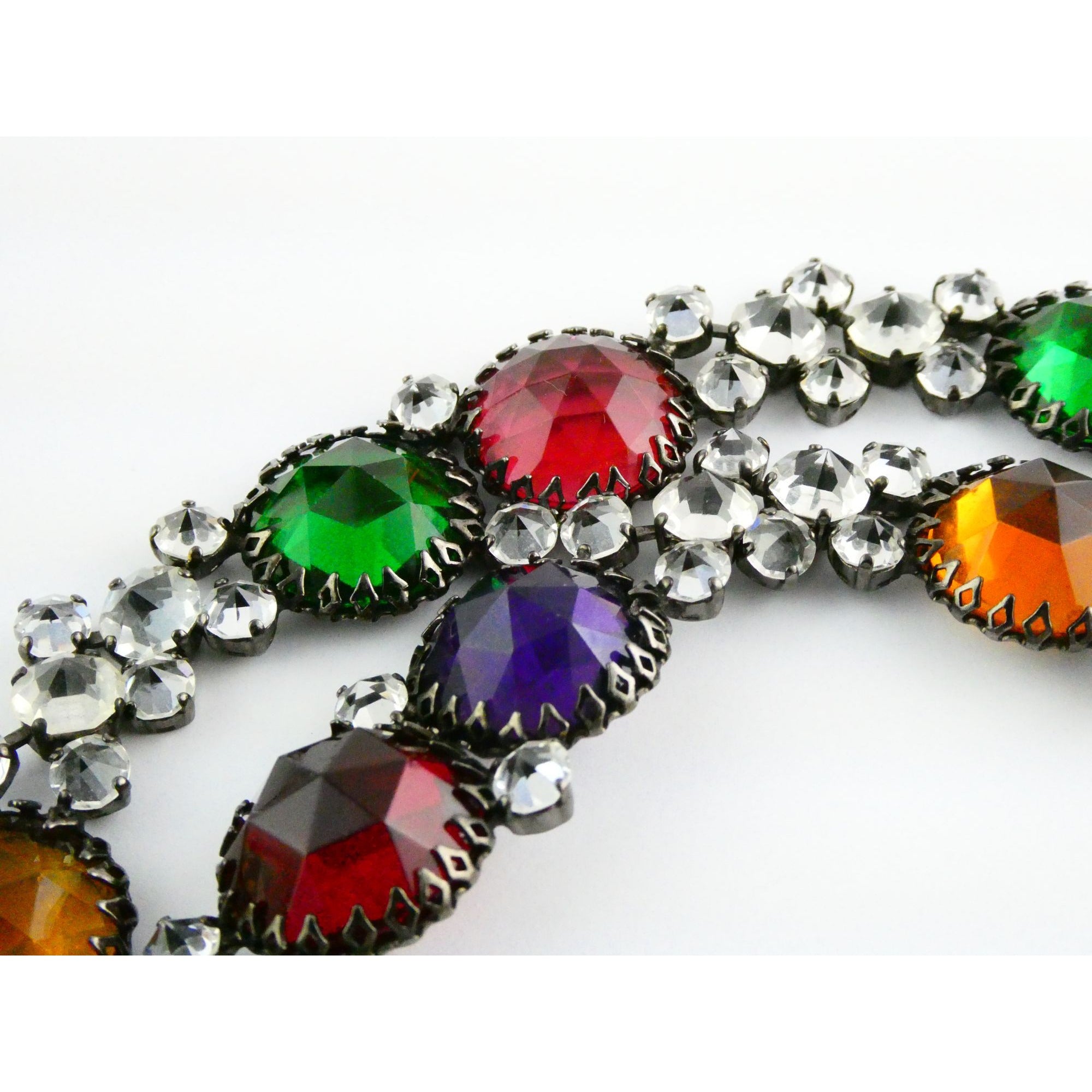 Vintage Schreiner NY Gunmetal Rainbow Rhinestone Adorned Belt 33.5 Inches 171g