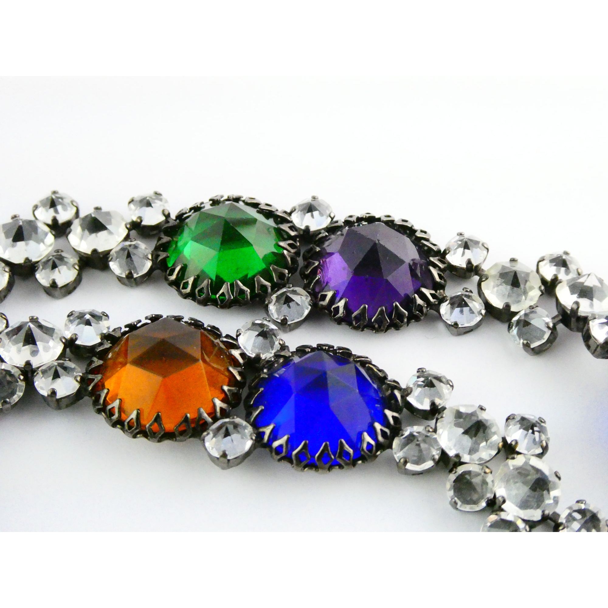 Vintage Schreiner NY Gunmetal Rainbow Rhinestone Adorned Belt 33.5 Inches 171g