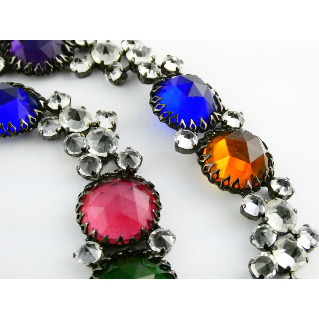 Vintage Schreiner NY Gunmetal Rainbow Rhinestone Adorned Belt 33.5 Inches 171g