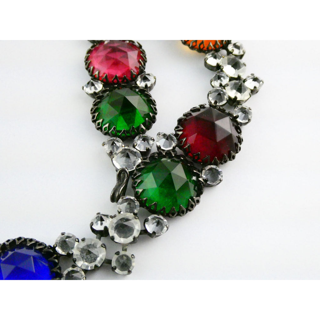 Vintage Schreiner NY Gunmetal Rainbow Rhinestone Adorned Belt 33.5 Inches 171g