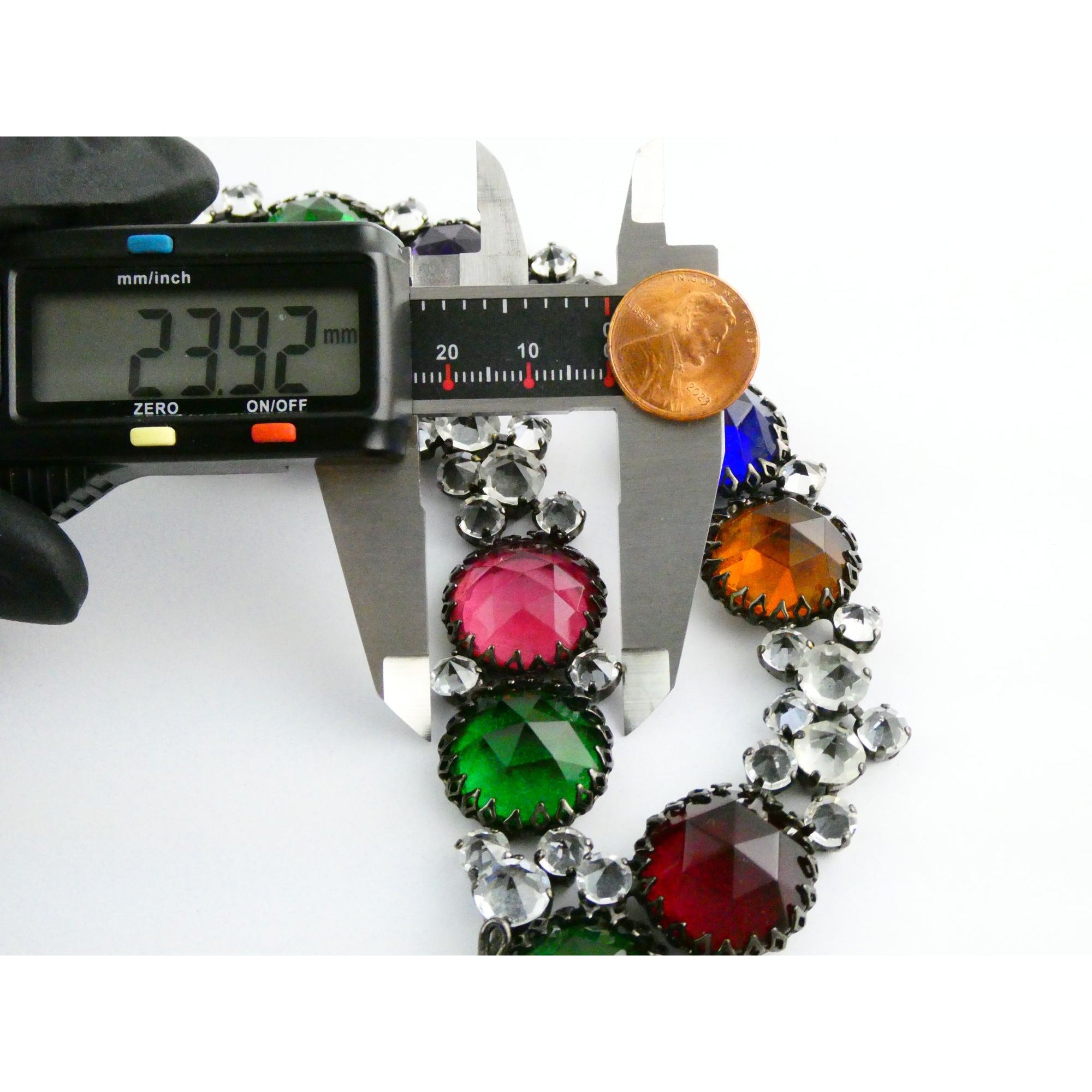 Vintage Schreiner NY Gunmetal Rainbow Rhinestone Adorned Belt 33.5 Inches 171g