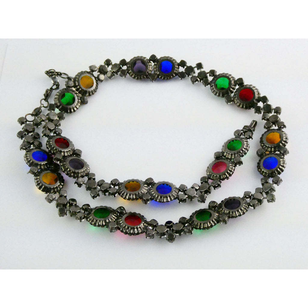 Vintage Schreiner NY Gunmetal Rainbow Rhinestone Adorned Belt 33.5 Inches 171g