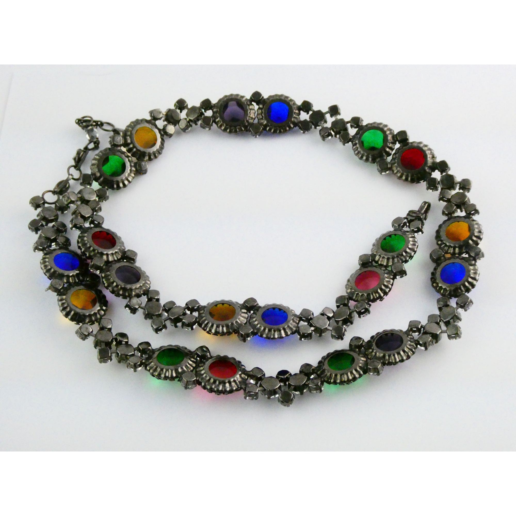 Vintage Schreiner NY Gunmetal Rainbow Rhinestone Adorned Belt 33.5 Inches 171g