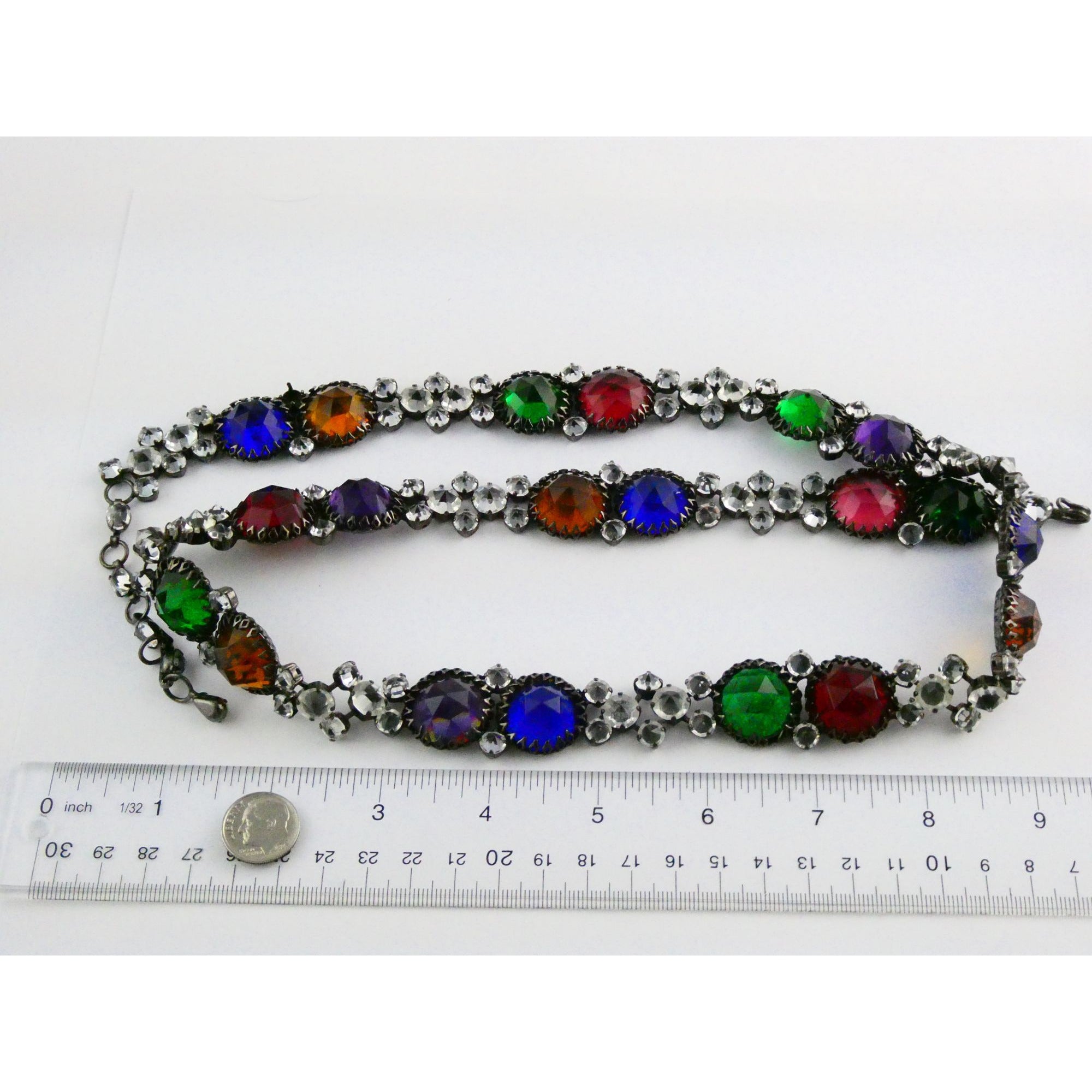 Vintage Schreiner NY Gunmetal Rainbow Rhinestone Adorned Belt 33.5 Inches 171g