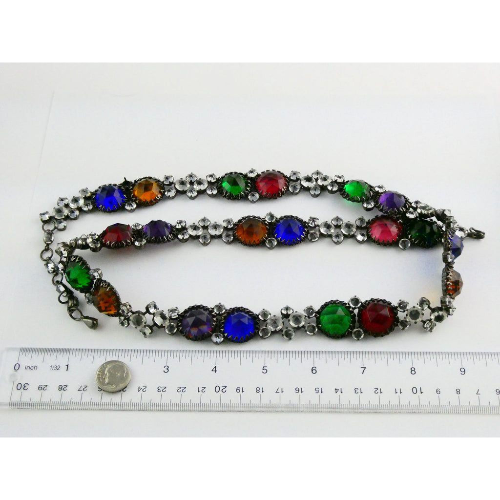 Vintage Schreiner NY Gunmetal Rainbow Rhinestone Adorned Belt 33.5 Inches 171g
