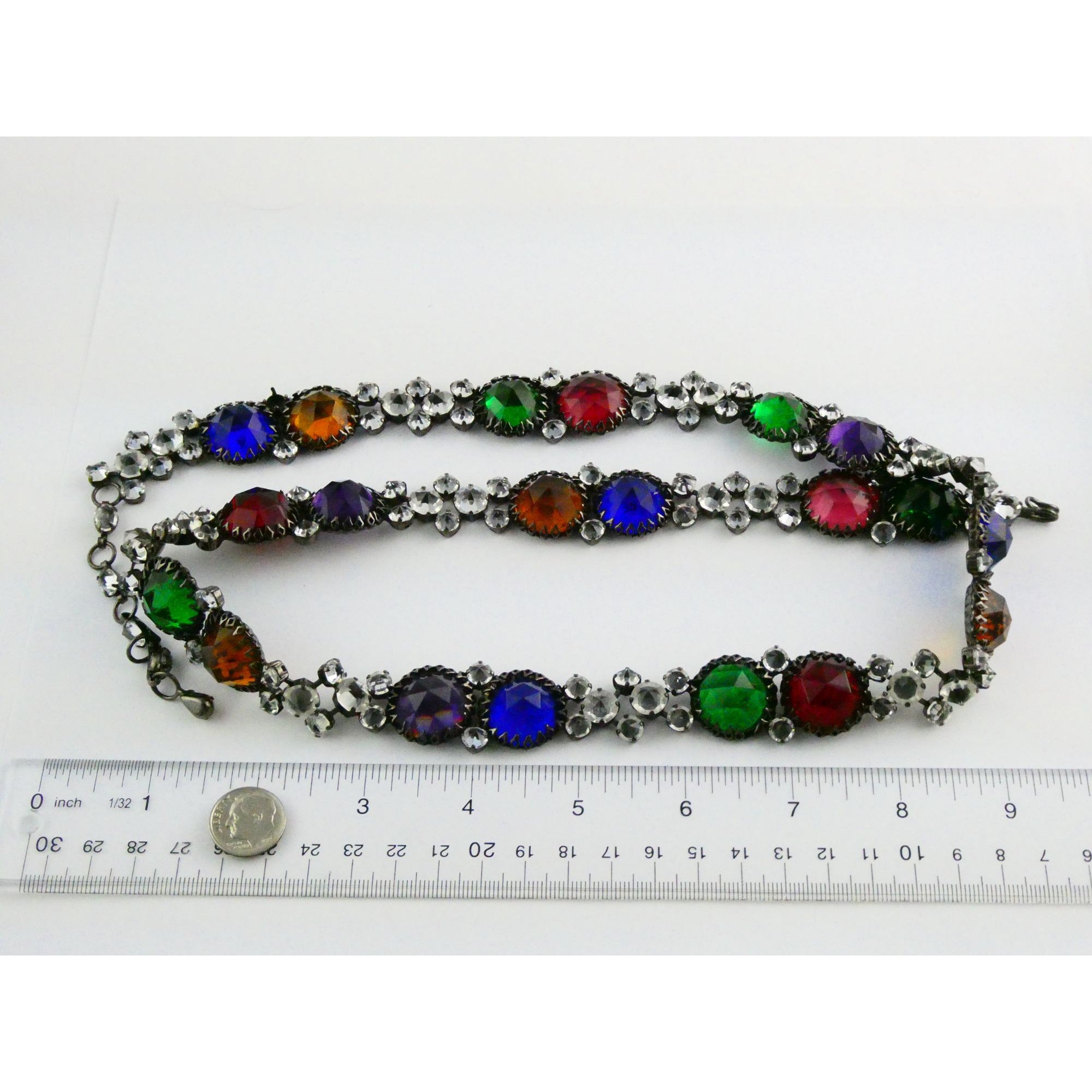 Vintage Schreiner NY Gunmetal Rainbow Rhinestone Adorned Belt 33.5 Inches 171g