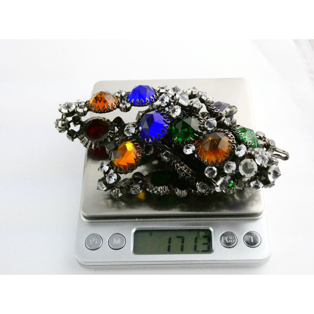 Vintage Schreiner NY Gunmetal Rainbow Rhinestone Adorned Belt 33.5 Inches 171g